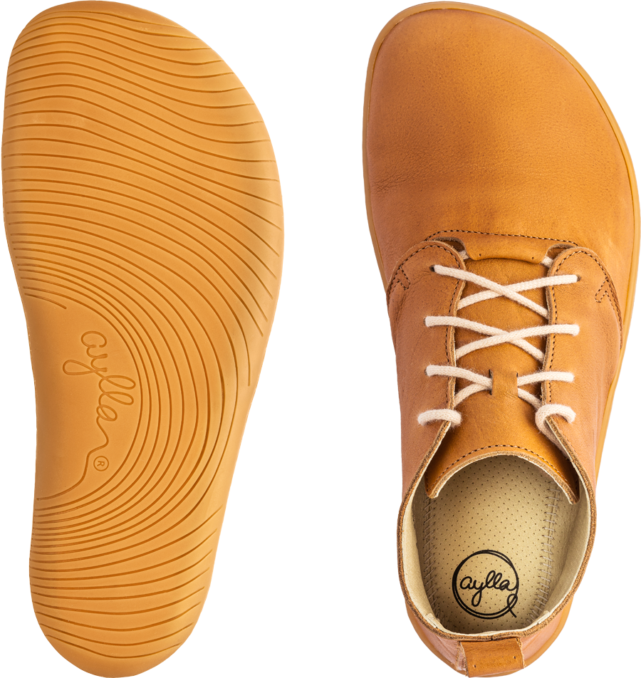 Top and bottom of Sand color high-cut barefoot shoe