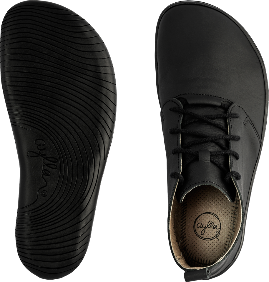 Top and bottom of Black high-cut barefoot shoe