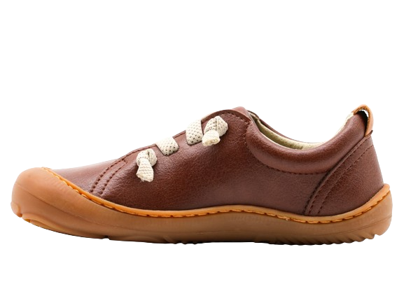 Side of barefoot kid shoe, brown color.