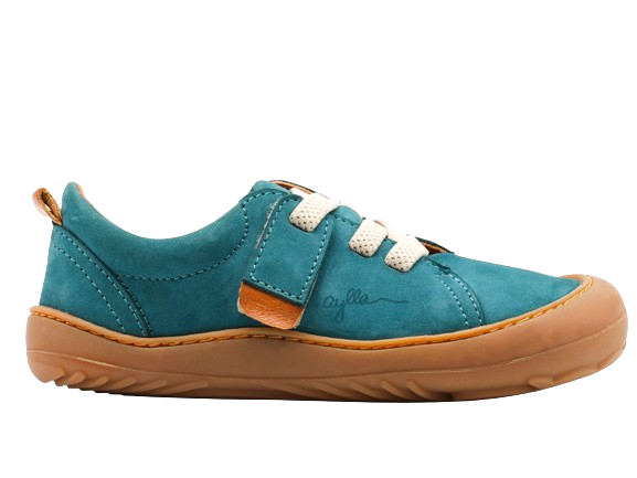 Side of blue barefoot shoe for kids.