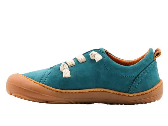 Side of blue barefoot shoe for kids.