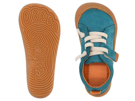 Top and bottom of barefoot shoe for kids. Blue color.