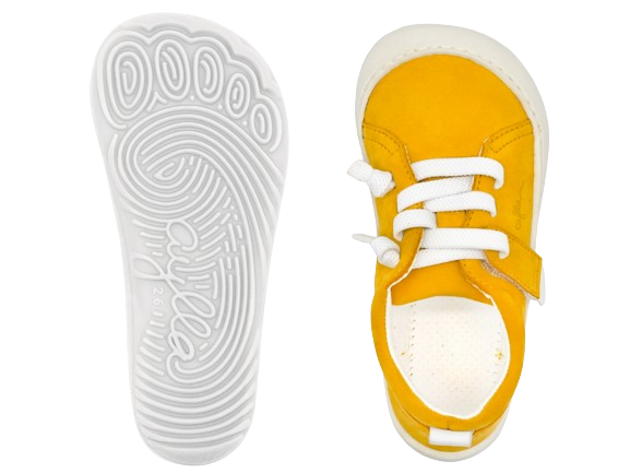 Top and bottom of kid's barefoot shoe yellow color.