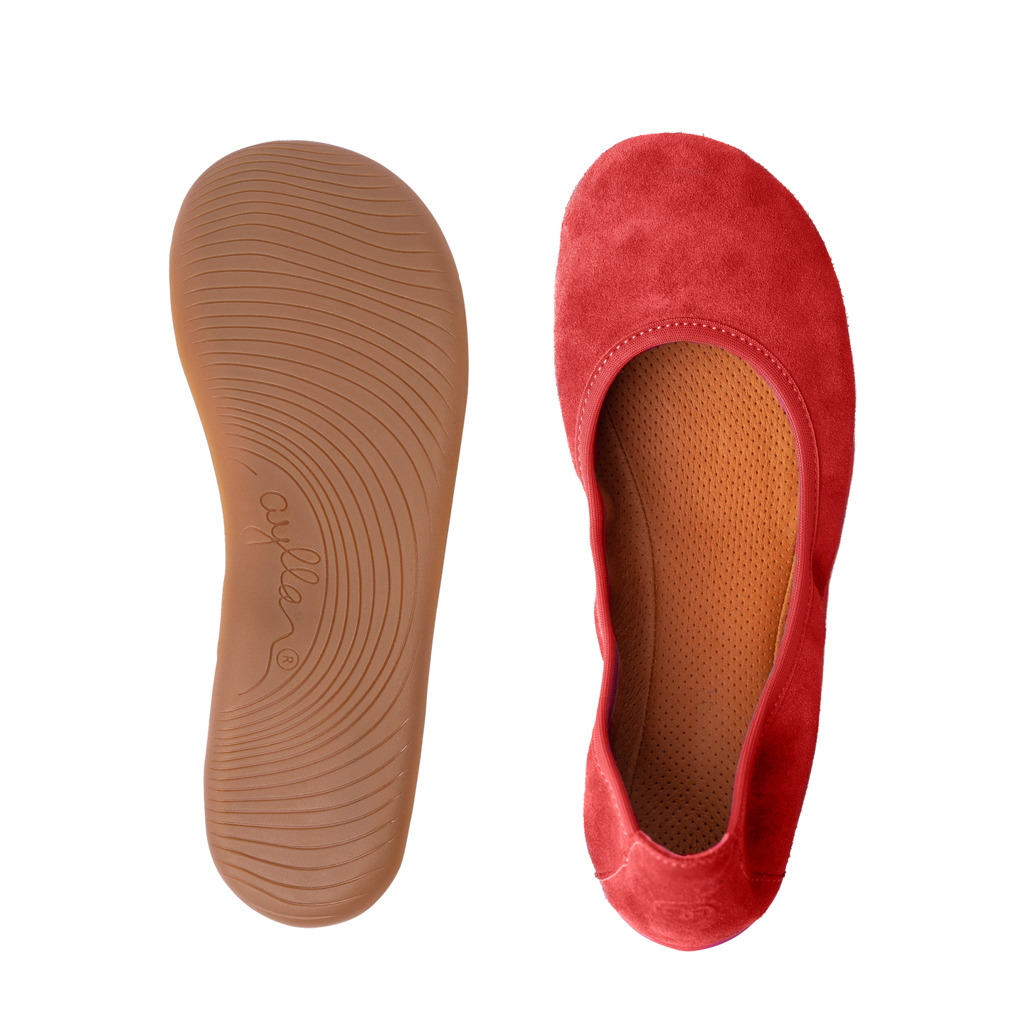 Top and bottom photo of red barefoot ballerina shoe