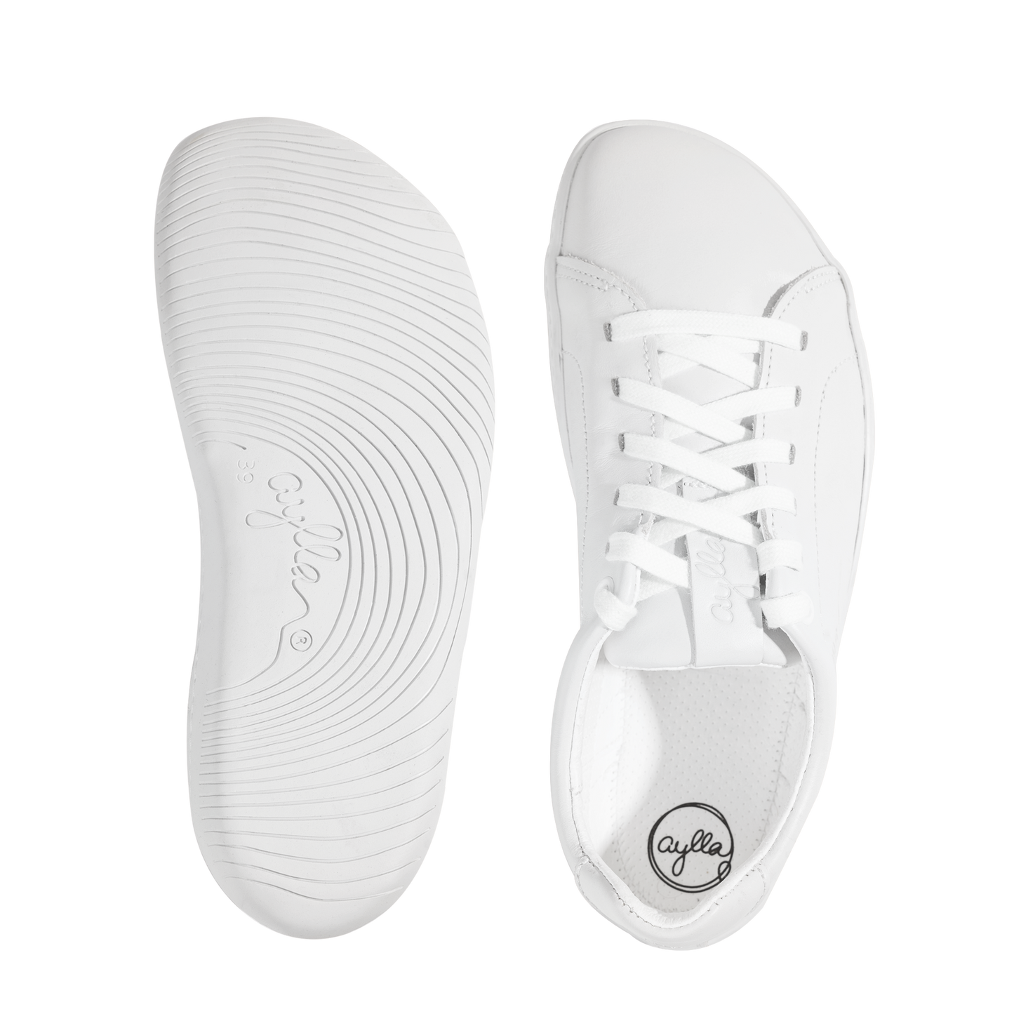 Top and bottom of barefoot sneakers for women. White color.