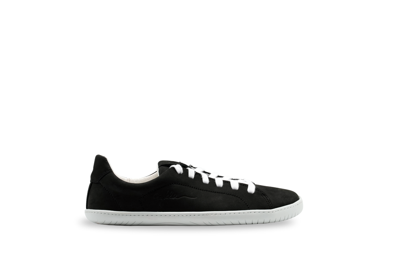 Side of vegan barefoot shoe for men. Black color.