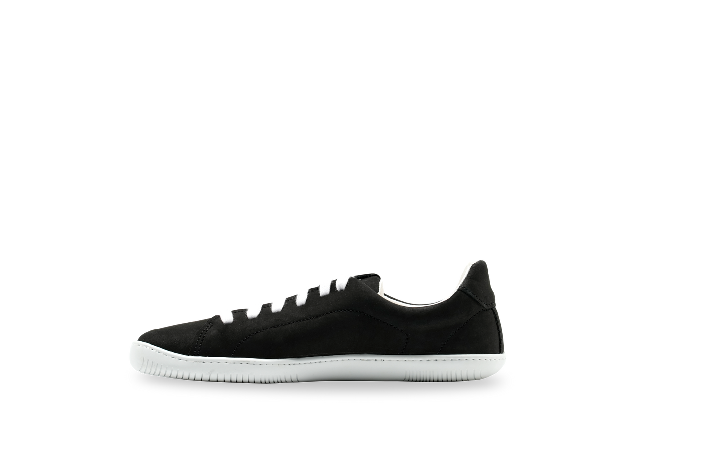 Side of vegan barefoot shoe for men. Black color.