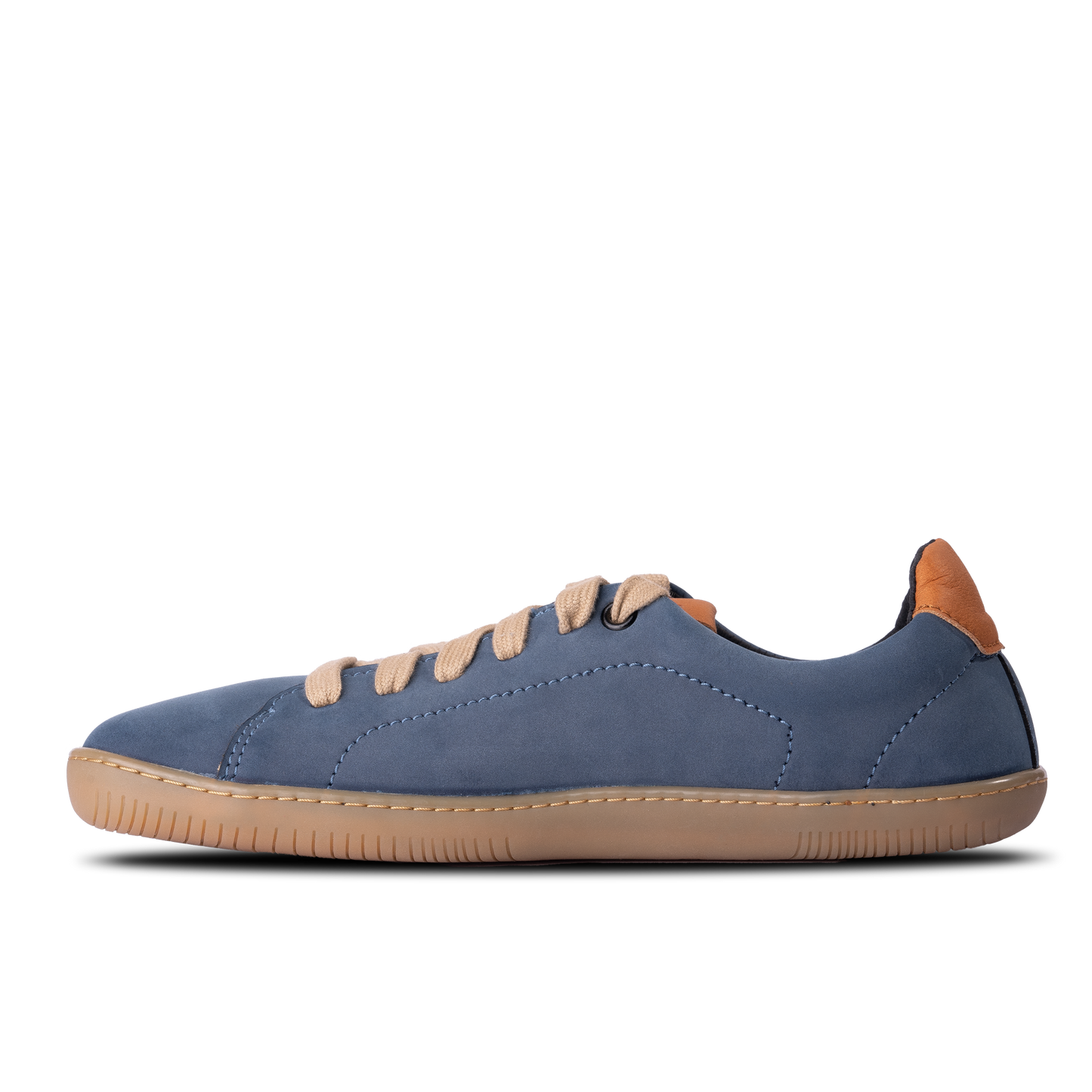 Side of vegan barefoot shoe for man. Blue color.