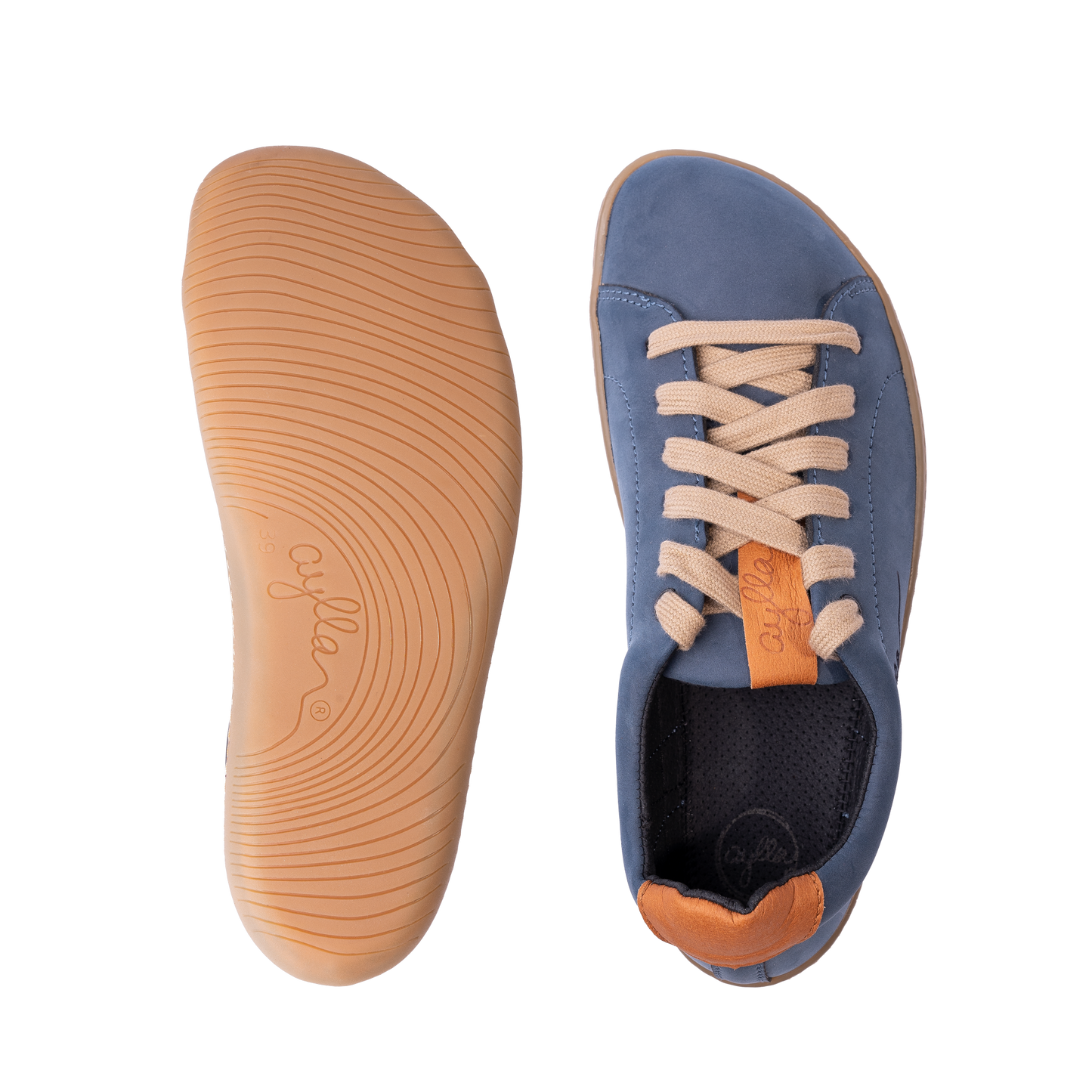 Top and bottom of vegan barefoot shoe for men. Blue color.