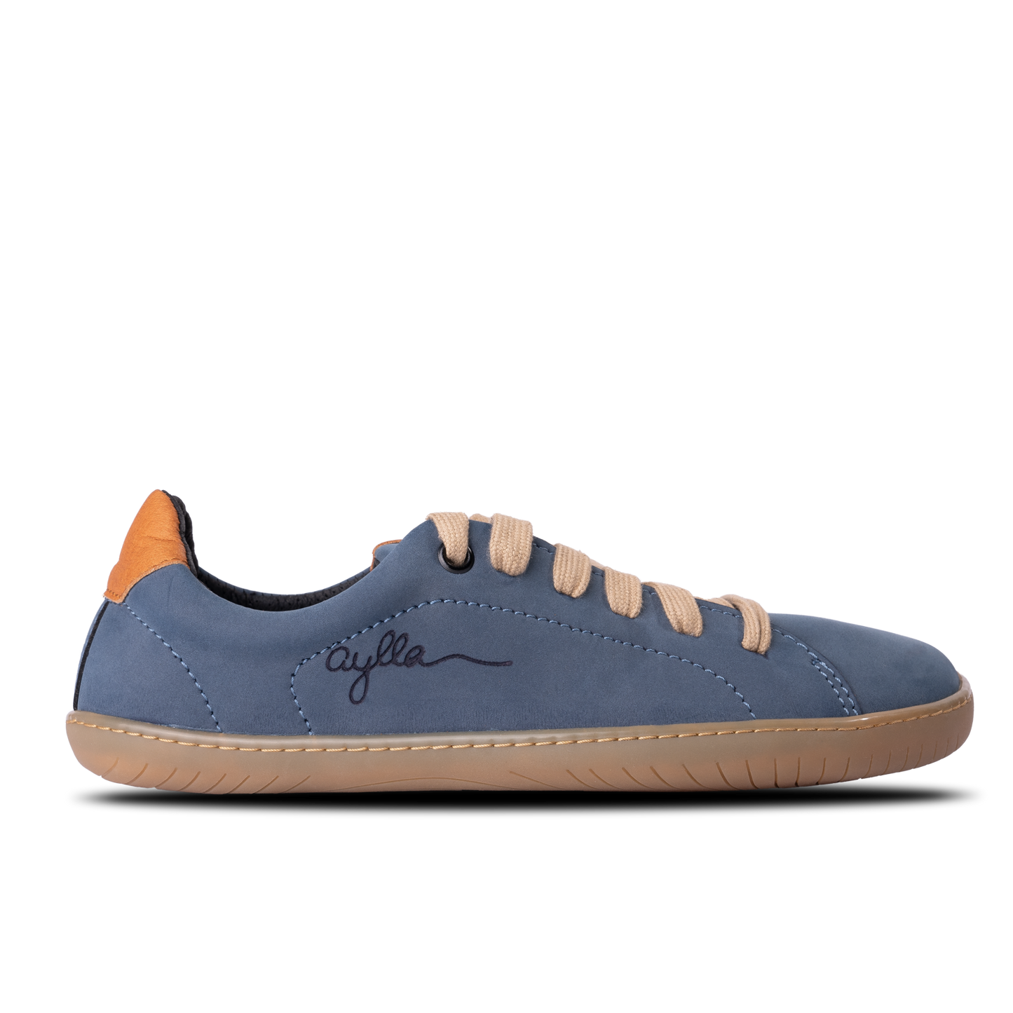 Side of vegan barefoot shoe for man. Blue color.