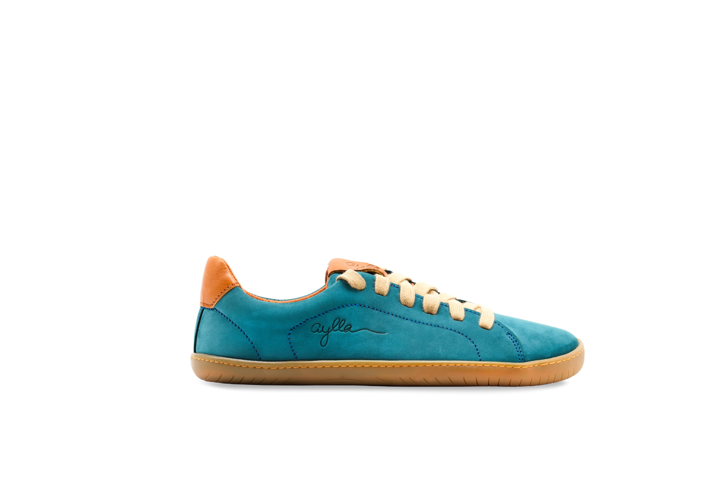 Side of blue leather barefoot street shoe for women.