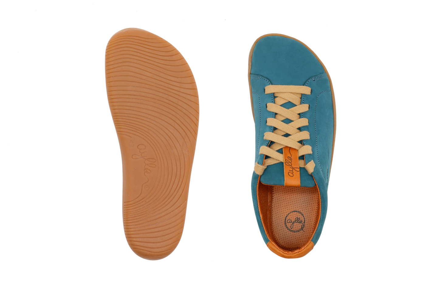 Top and bottom of barefoot sneakers for men. Blue color.