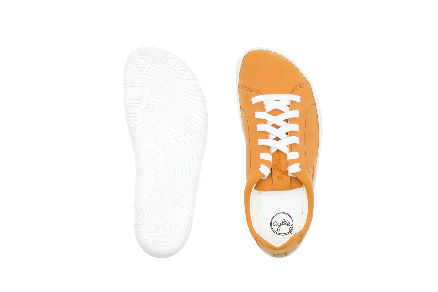 Top and bottom of vegan street barefoot shoe for women. Yellow color.