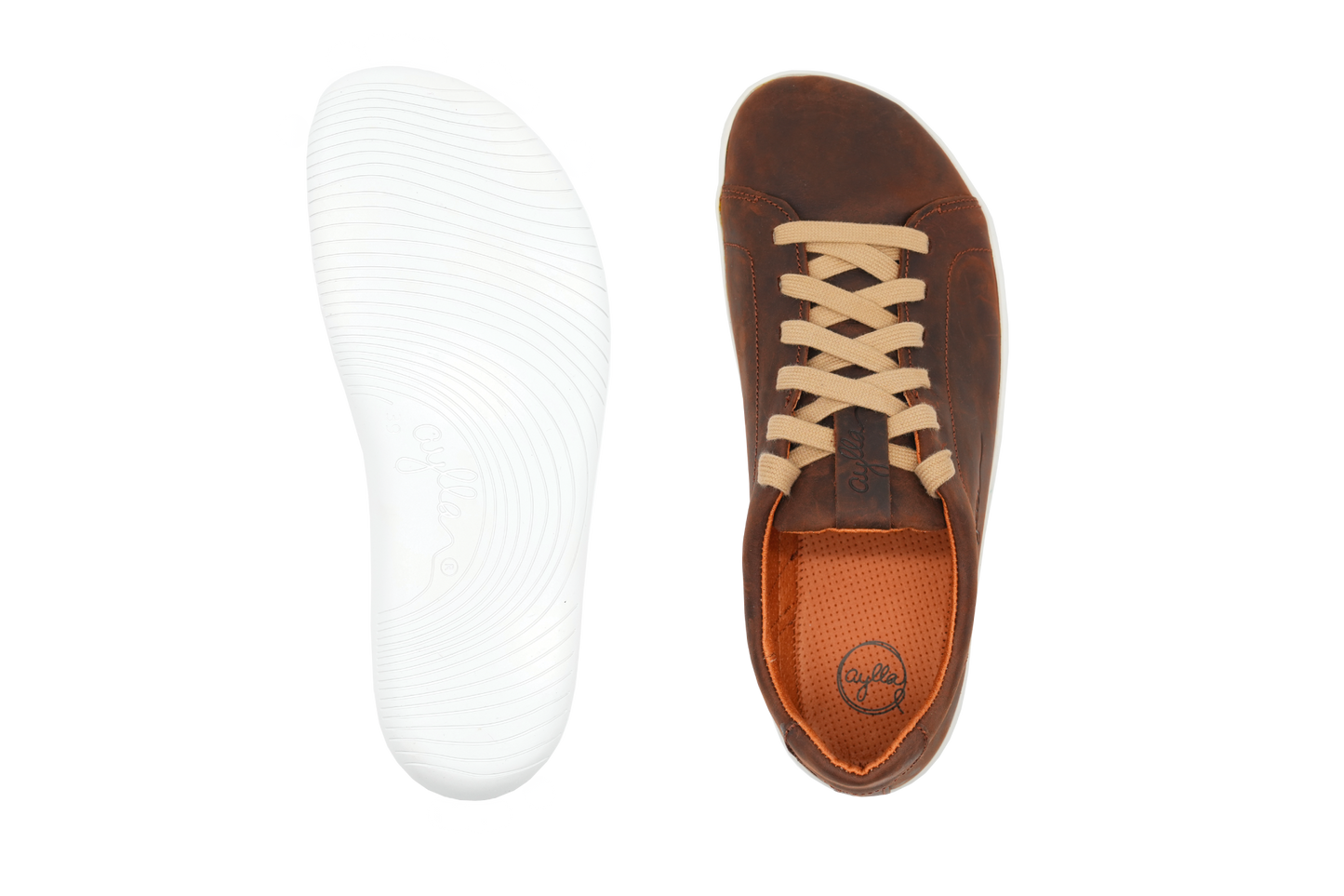 Top and bottom of barefoot sneakers for men. Brown color.