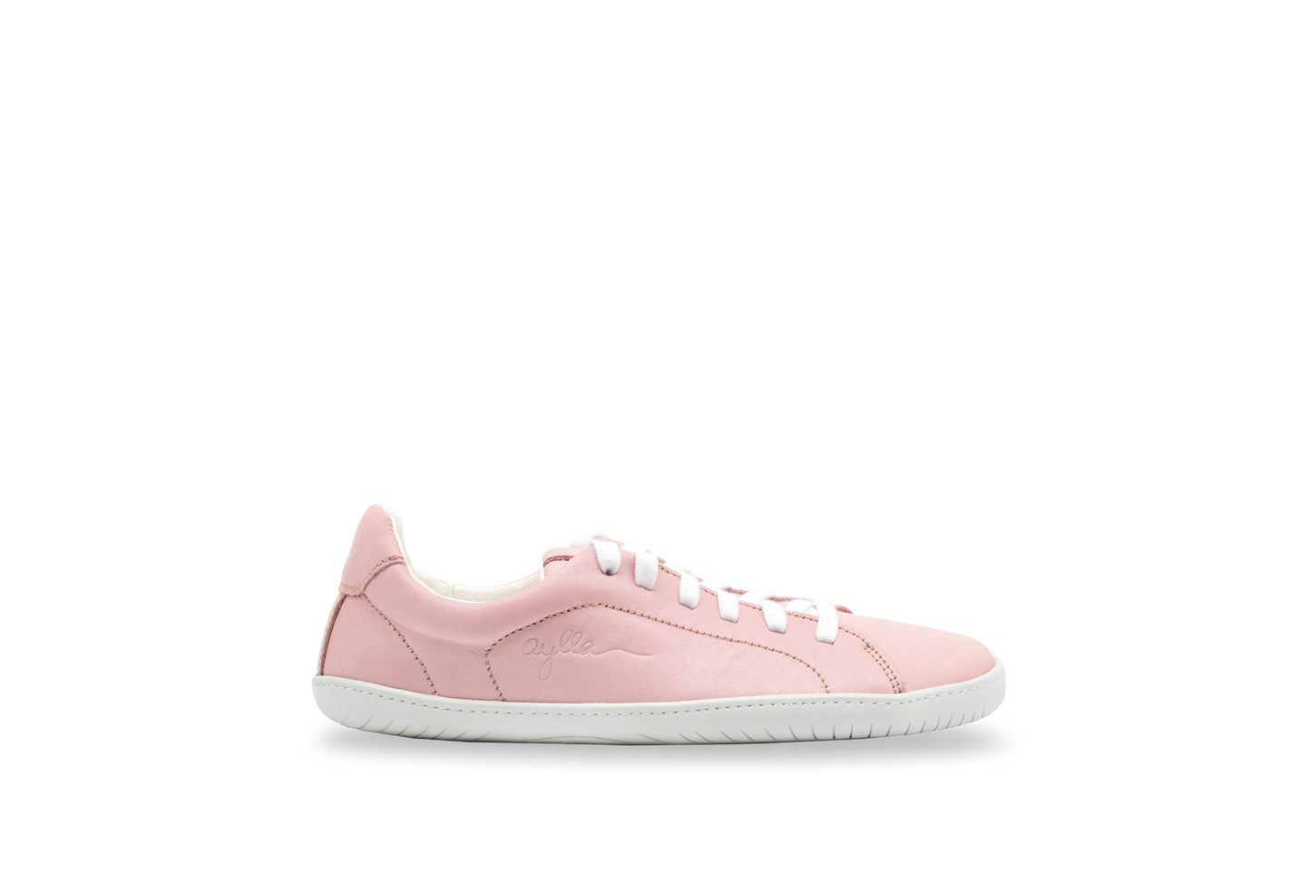 Side of pink leather barefoot street shoe for women.