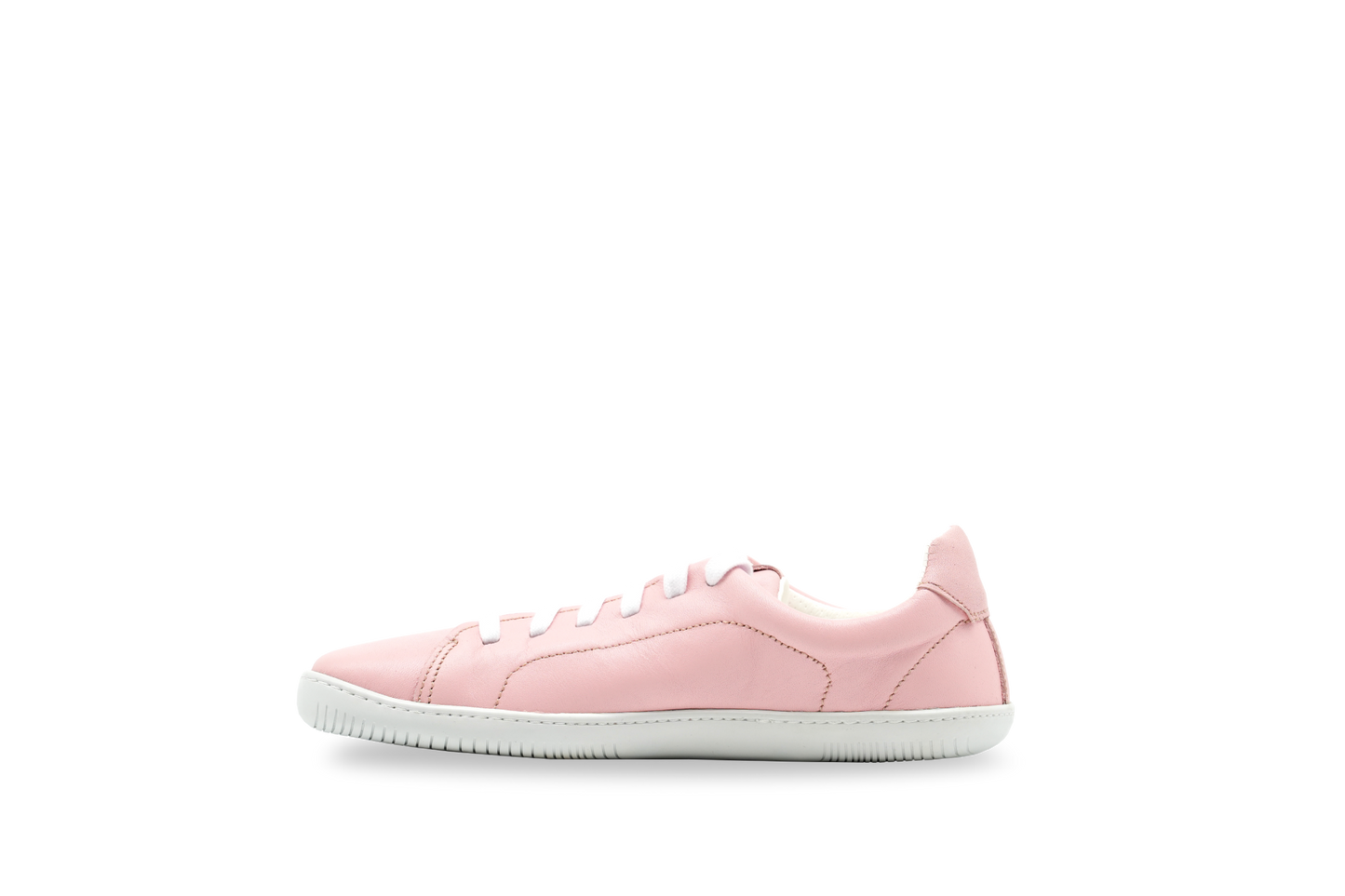 Side of pink leather barefoot street shoe for women.