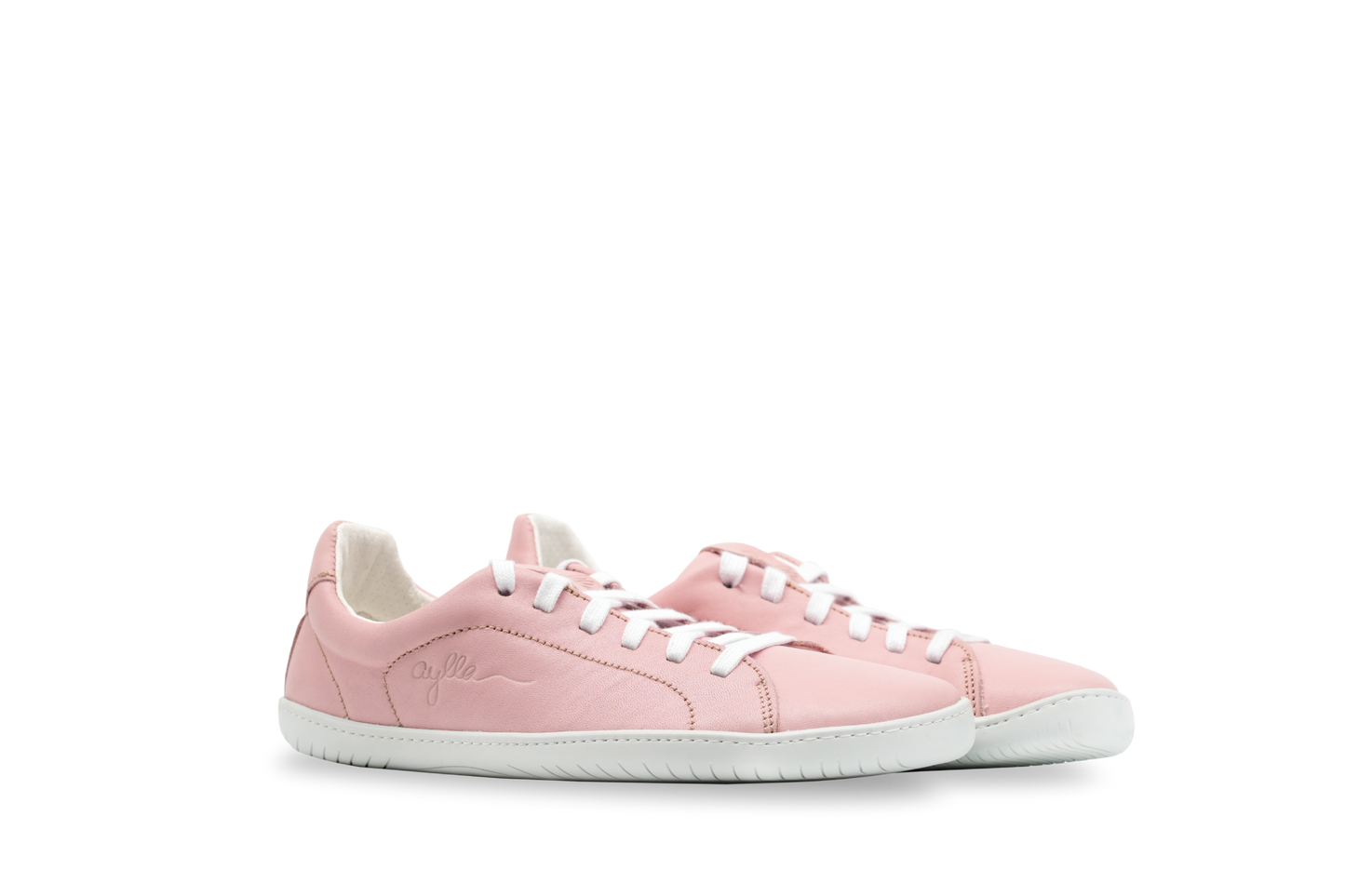 Side of pink leather barefoot street shoes for women.