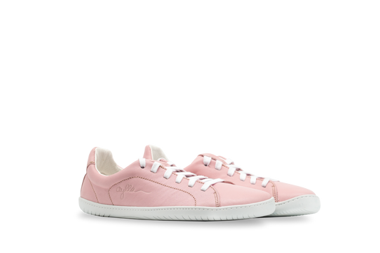 Side of pink leather barefoot street shoes for women.