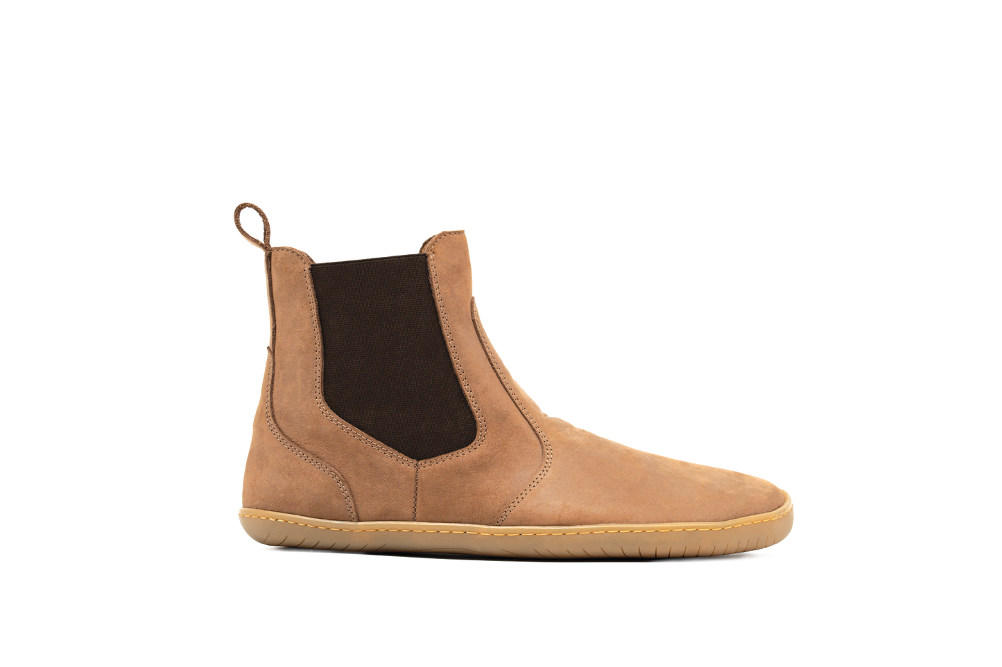 Profile of light brown Chalsea style barefoot shoe