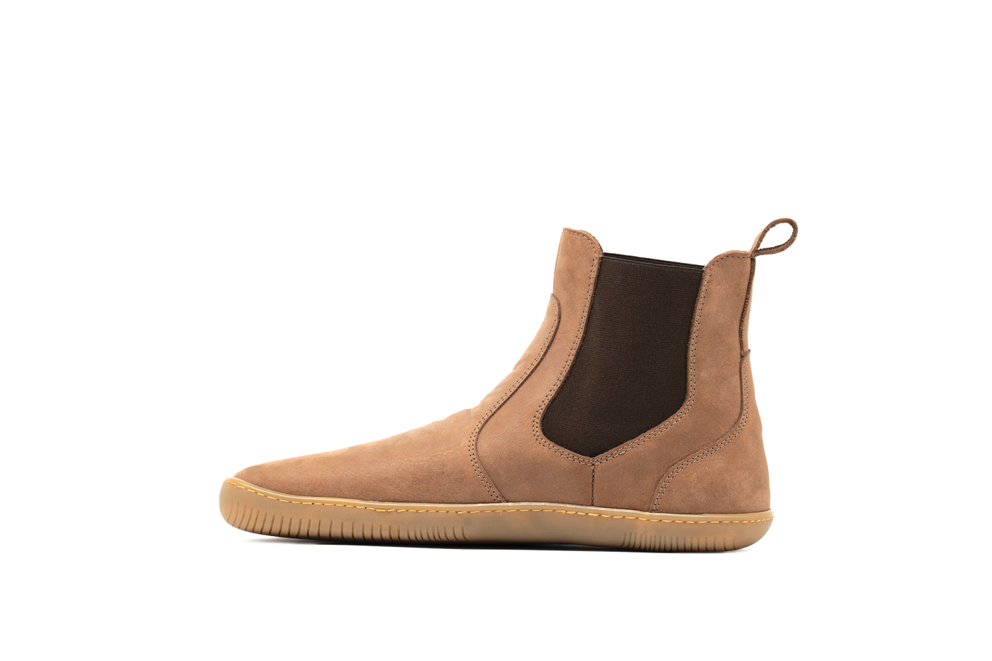 Profile of light brown Chalsea style barefoot shoe