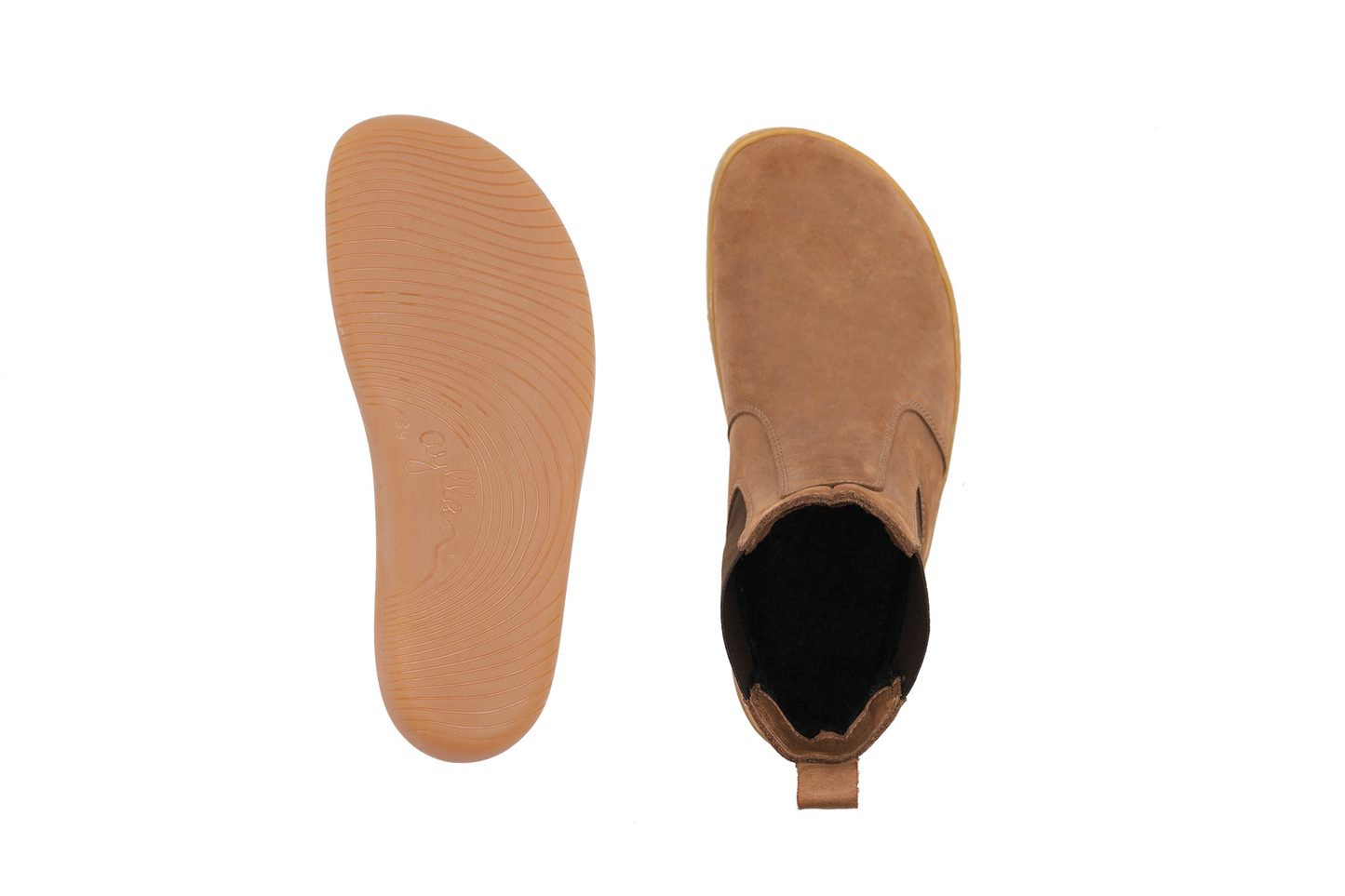 Top and bottom photo of light brown Chalsea style barefoot shoe